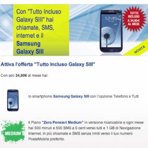 PosteMobile offre ufficialmente un dispositivo Samsung Galaxy S3 e Zero Pensieri Medium al solo prezzo di 34,90 euro al mese!!