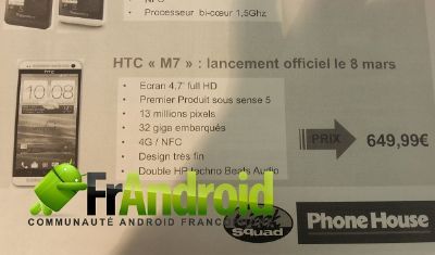 L'HTC M7 sarà ufficialmente in vendita a partire dall' 8 Marzo a un prezzo di 650 euro??