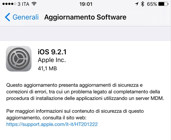 Aggiornamento iOS 9.2.1
