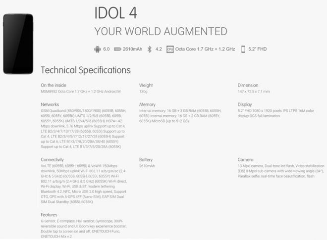 Specifiche Alcatel One Touch Idol 4