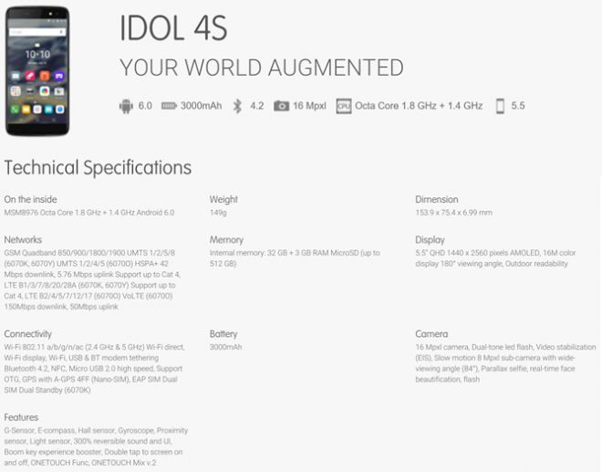 Specifiche Alcatel One Touch Idol 4S