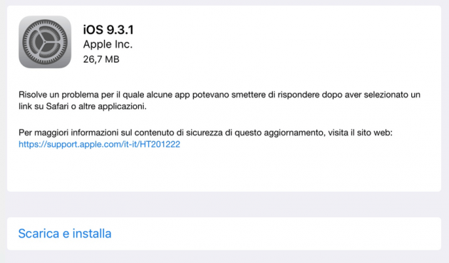 Aggiornamento iOS 9.3.1