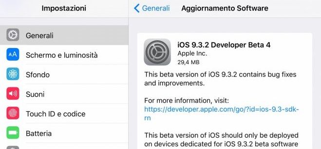 Quarta beta di iOS 9.3.2